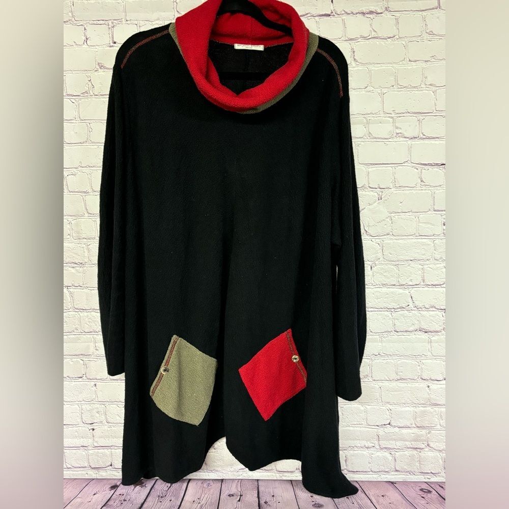 Margaret Winters Black Red Lagenlook Cozy Cotton Patch Pocket Sweater Size XL